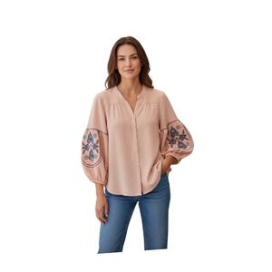 Fig and Flower Embroidered Balloon Sleeve V-Neck Button Up Blouse Top XL Peach